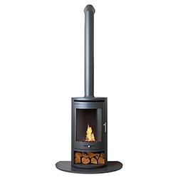 OKO S5 Cylindrical Charcoal Grey Bio Ethanol Stove with Tall Angled Stove Pipe and Granite Hearth